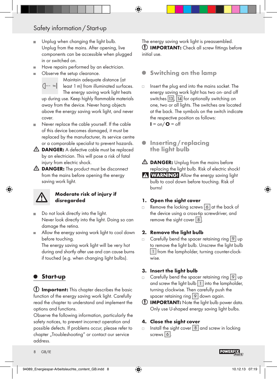 Start-up, Switching on the lamp, Inserting / replacing the light bulb | Powerfix Energy-Saving Light User Manual | Page 8 / 13