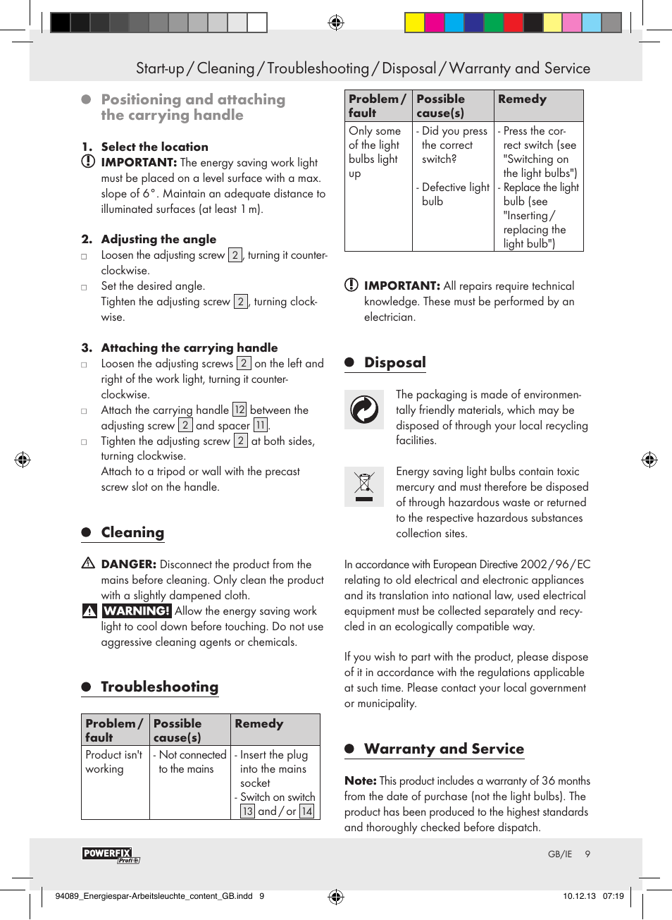 Positioning and attaching the carrying handle, Cleaning, Troubleshooting | Disposal, Warranty and service | Powerfix Energy-Saving Light User Manual | Page 9 / 13