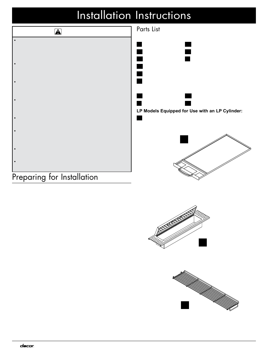 Installation instructions, Preparing for installation, Parts list | Dacor OB52 User Manual | Page 12 / 20