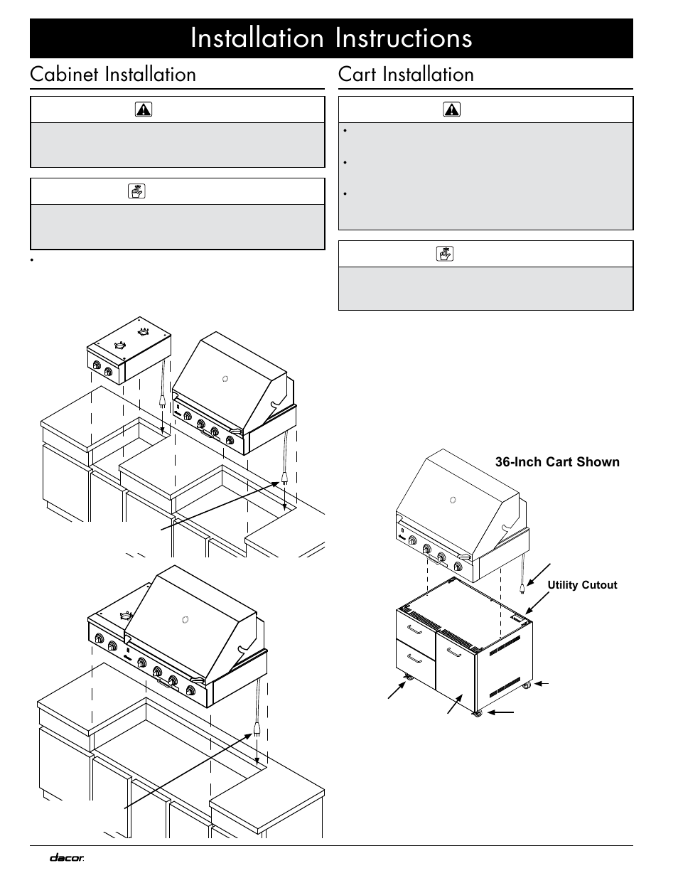 Installation instructions, Cart installation, Cabinet installation | Dacor OB52 User Manual | Page 14 / 20