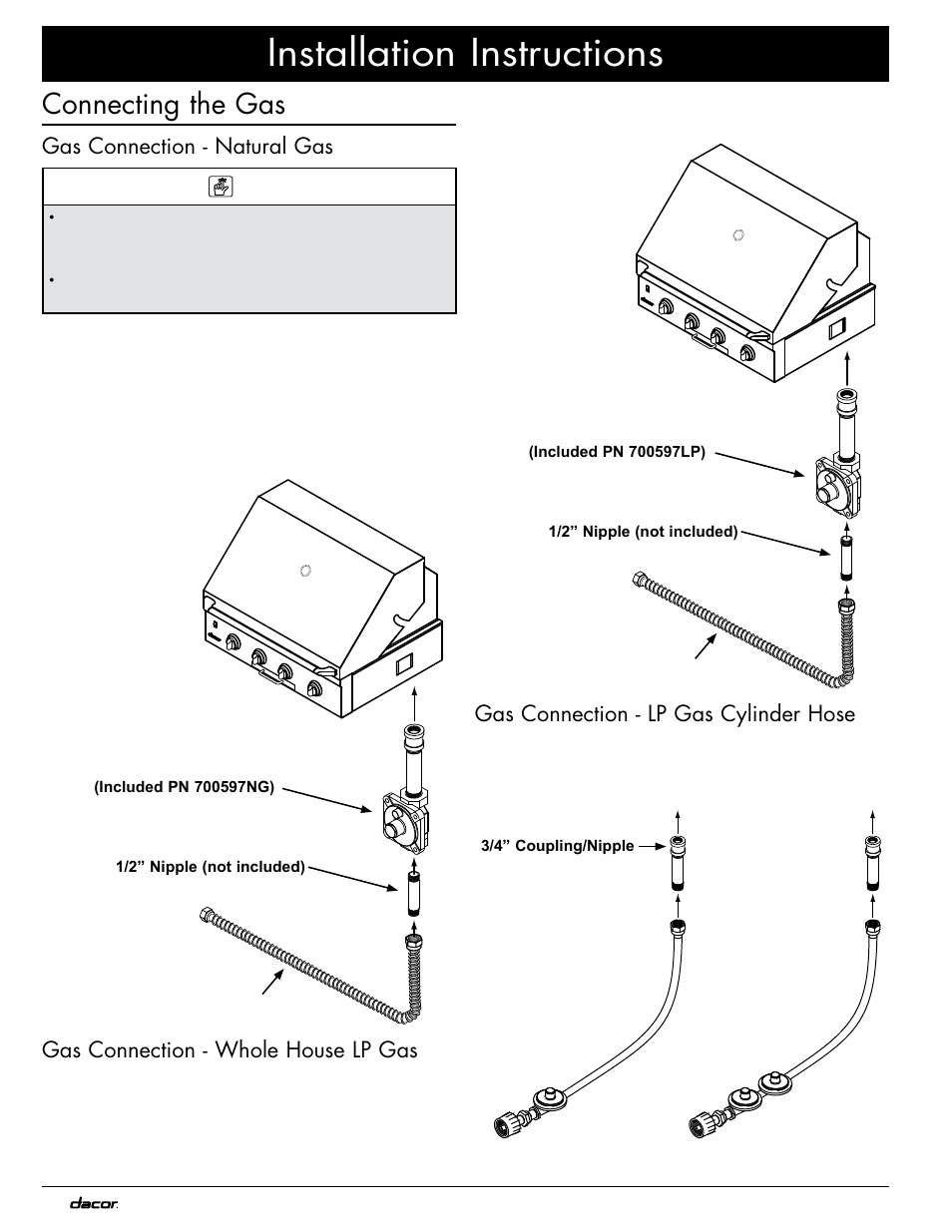Installation instructions, Connecting the gas, Gas connection - lp gas cylinder hose | Gas connection - natural gas, Gas connection - whole house lp gas | Dacor OB52 User Manual | Page 16 / 20