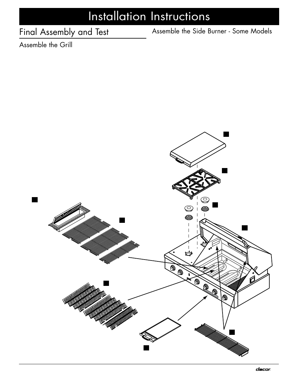 Installation instructions, Final assembly and test, Assemble the grill | Assemble the side burner - some models | Dacor OB52 User Manual | Page 17 / 20