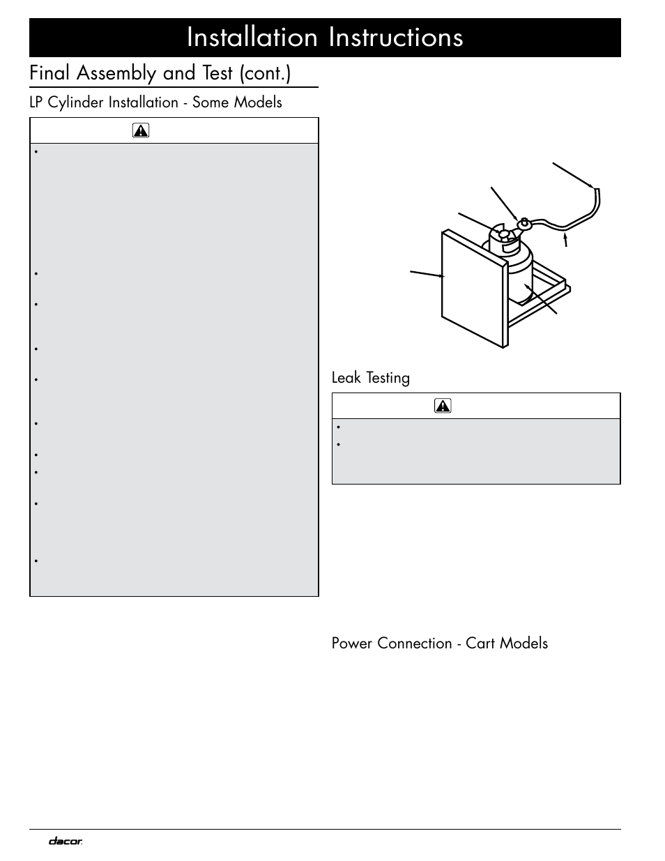 Installation instructions, Final assembly and test (cont.), Lp cylinder installation - some models | Leak testing, Power connection - cart models | Dacor OB52 User Manual | Page 18 / 20