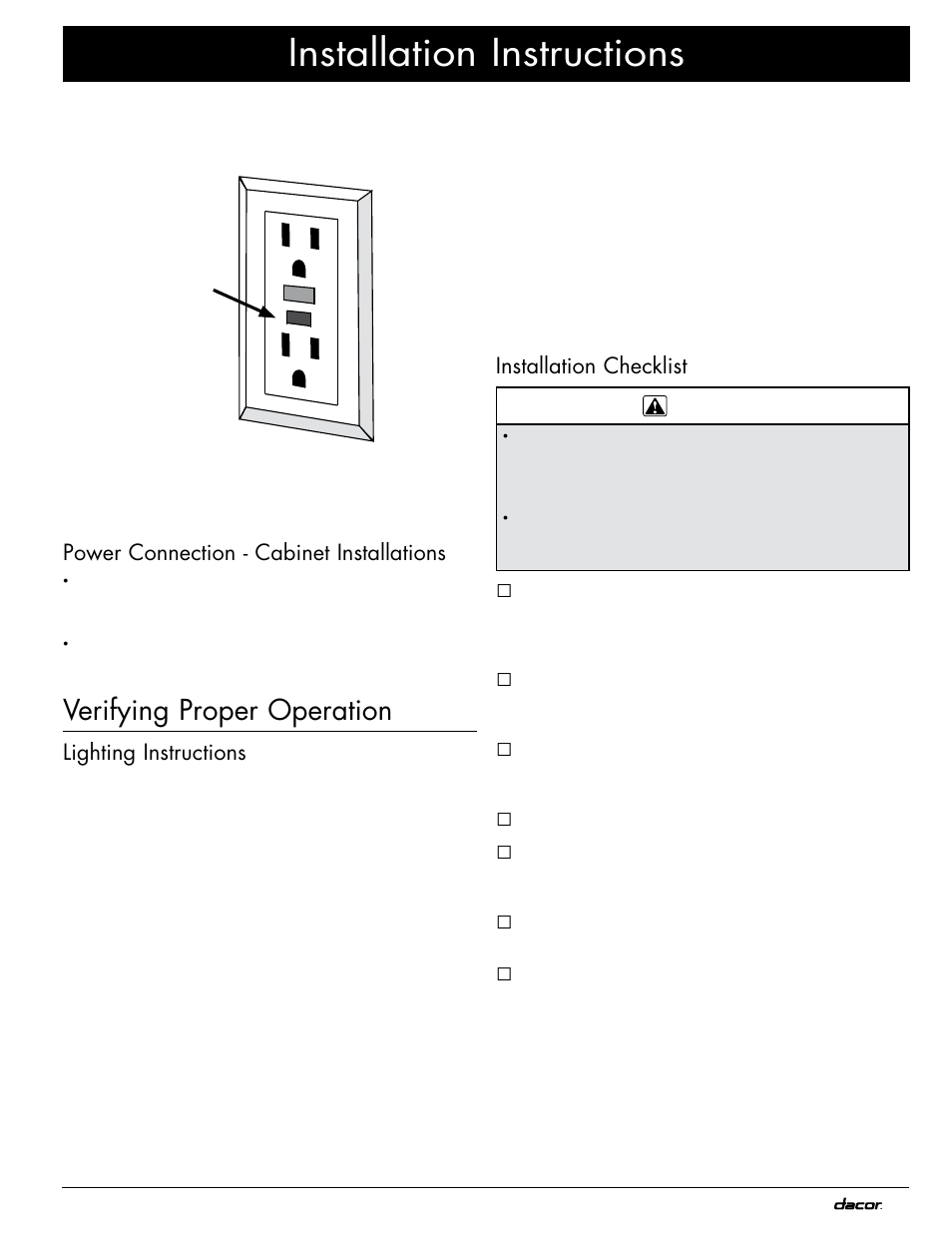 Installation instructions, Verifying proper operation | Dacor OB52 User Manual | Page 19 / 20