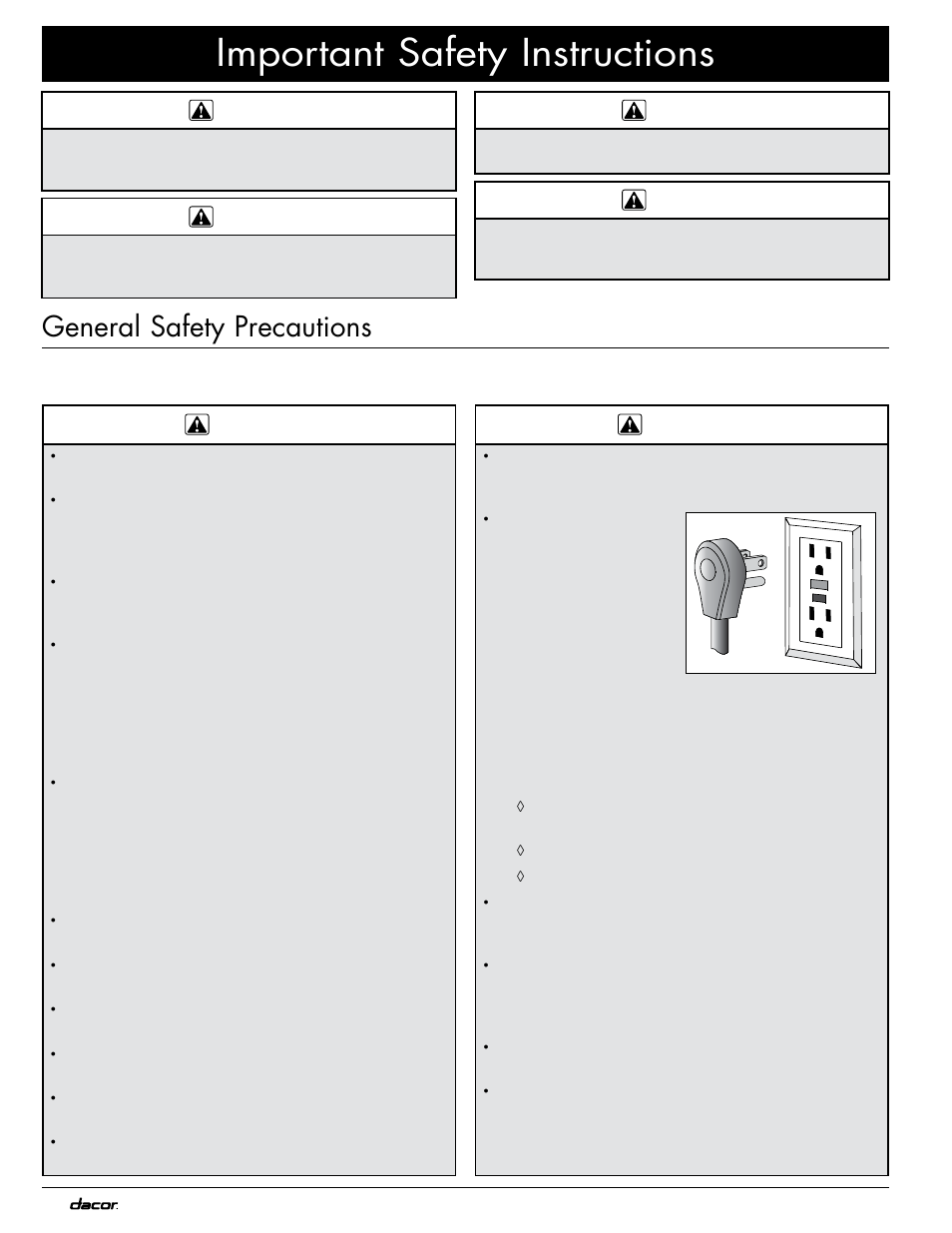 Important safety instructions, General safety precautions | Dacor OB52 User Manual | Page 4 / 20