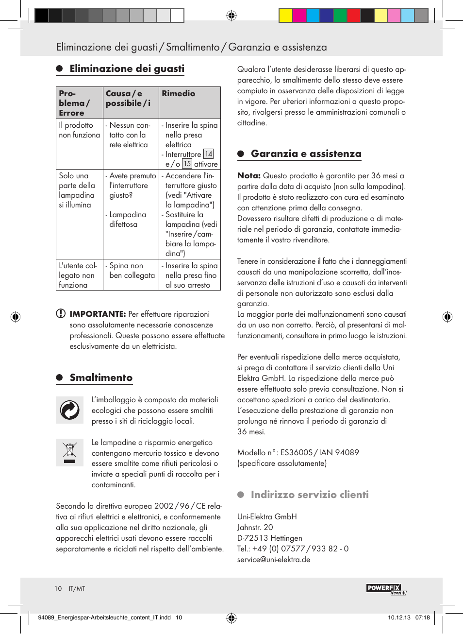 Eliminazione dei guasti, Smaltimento, Garanzia e assistenza | Indirizzo servizio clienti | Powerfix Energy-Saving Light User Manual | Page 10 / 28