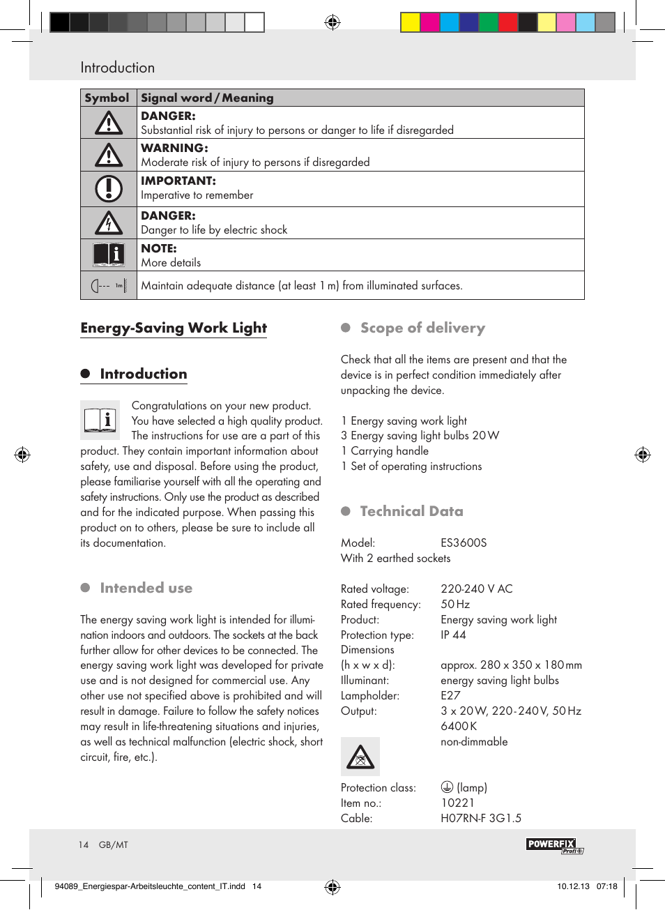 Introduction / safety information introduction, Energy-saving work light introduction, Intended use | Scope of delivery, Technical data | Powerfix Energy-Saving Light User Manual | Page 14 / 28