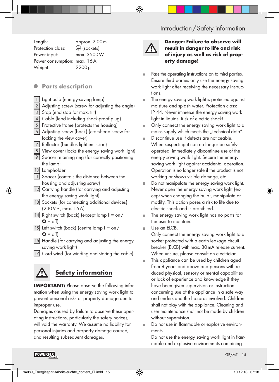 Introduction / safety information, Parts description, Safety information | Powerfix Energy-Saving Light User Manual | Page 15 / 28