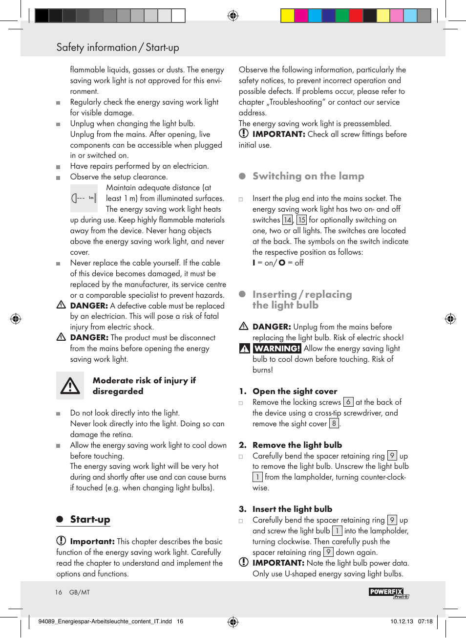 Start-up, Switching on the lamp, Inserting / replacing the light bulb | Powerfix Energy-Saving Light User Manual | Page 16 / 28