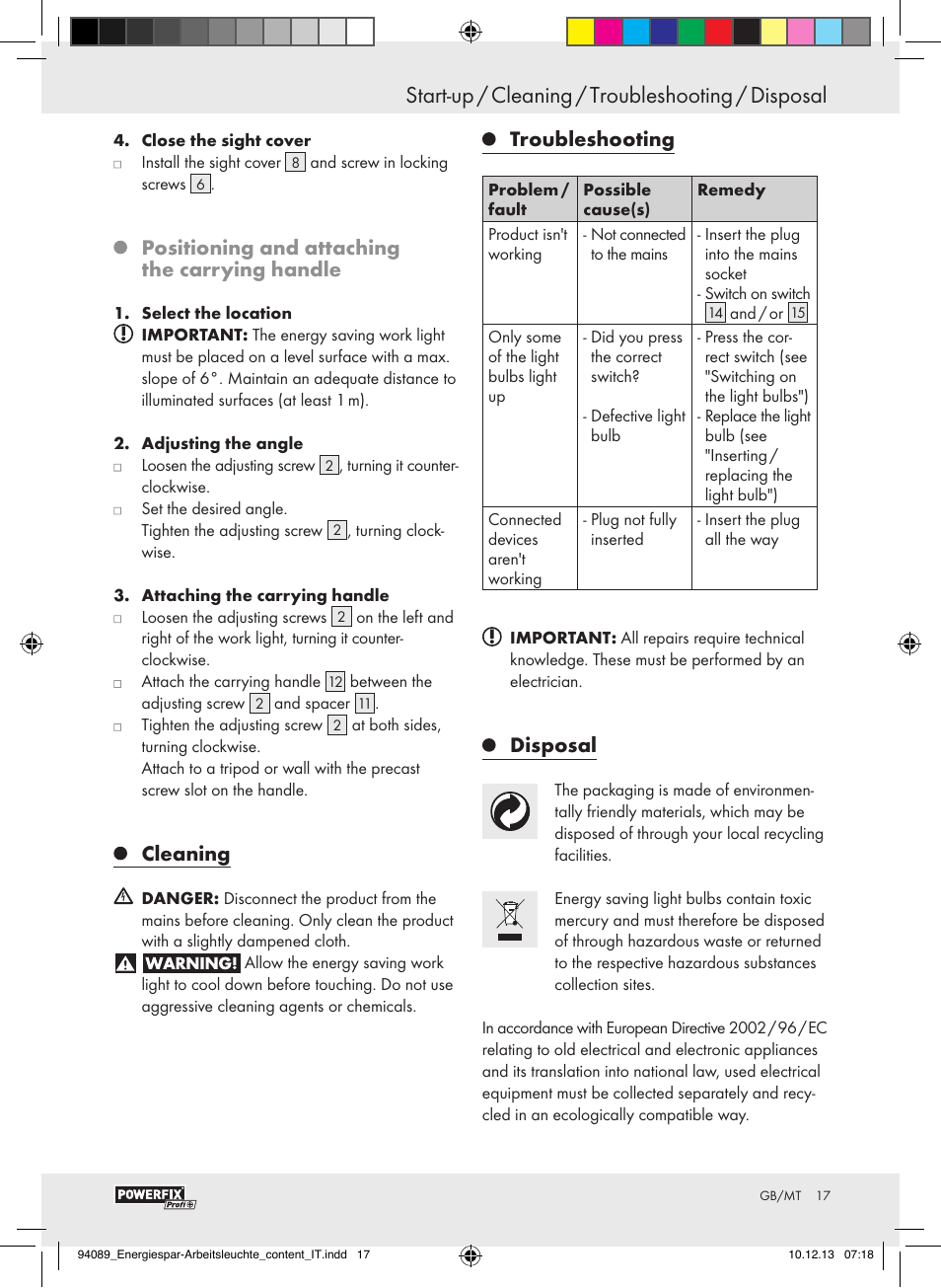 Start-up / cleaning / troubleshooting / disposal, Positioning and attaching the carrying handle, Cleaning | Troubleshooting, Disposal | Powerfix Energy-Saving Light User Manual | Page 17 / 28