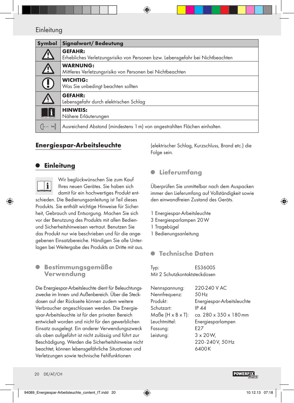 Einleitung, Energiespar-arbeitsleuchte einleitung, Bestimmungsgemäße verwendung | Lieferumfang, Technische daten | Powerfix Energy-Saving Light User Manual | Page 20 / 28