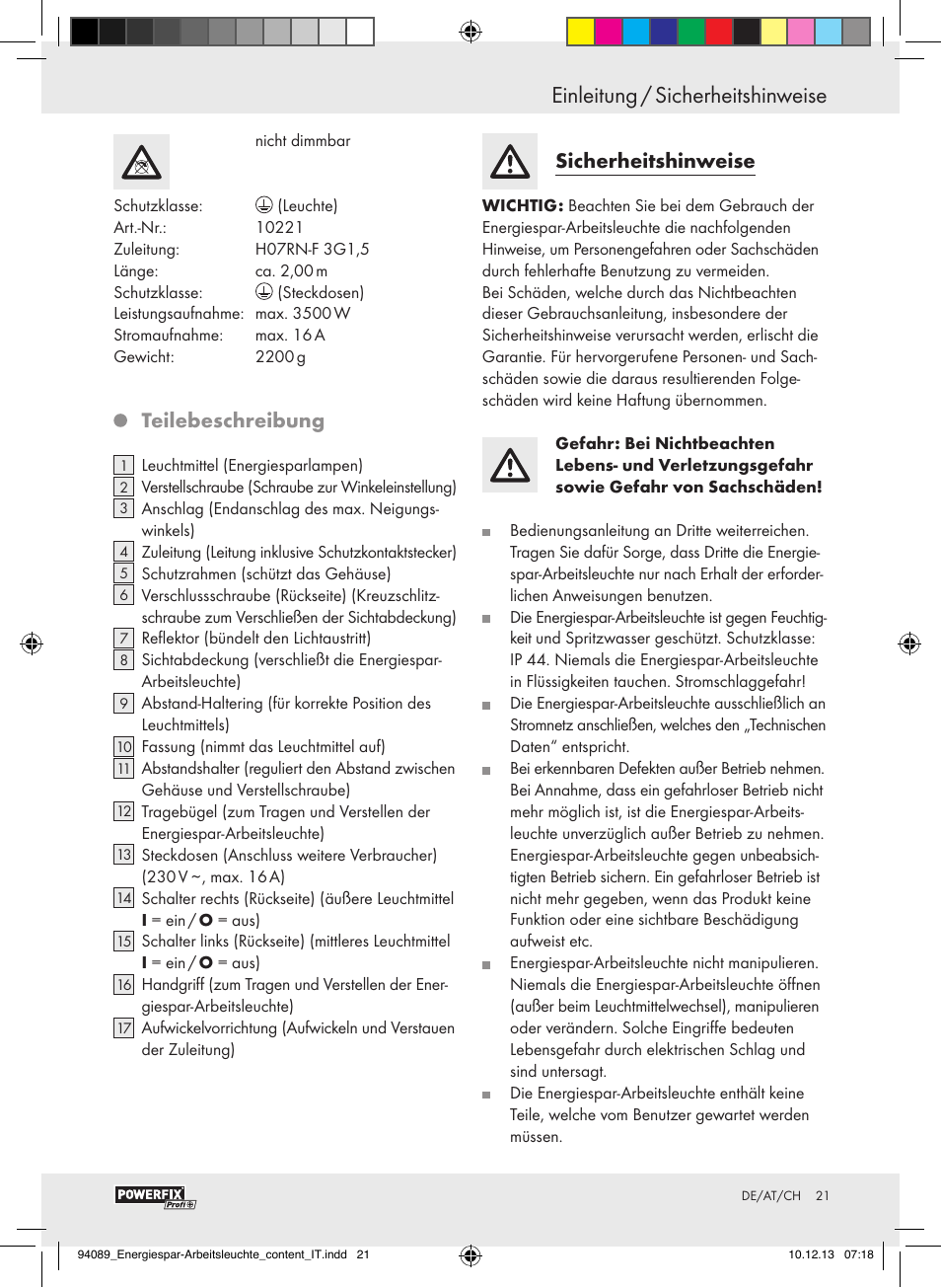 Einleitung einleitung / sicherheitshinweise, Teilebeschreibung, Sicherheitshinweise | Powerfix Energy-Saving Light User Manual | Page 21 / 28