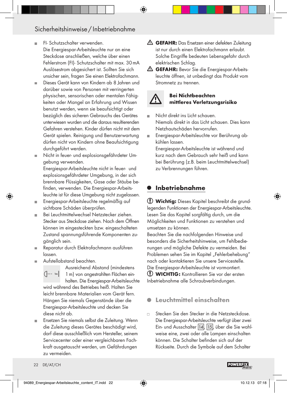 Sicherheitshinweise / inbetriebnahme, Inbetriebnahme, Leuchtmittel einschalten | Powerfix Energy-Saving Light User Manual | Page 22 / 28