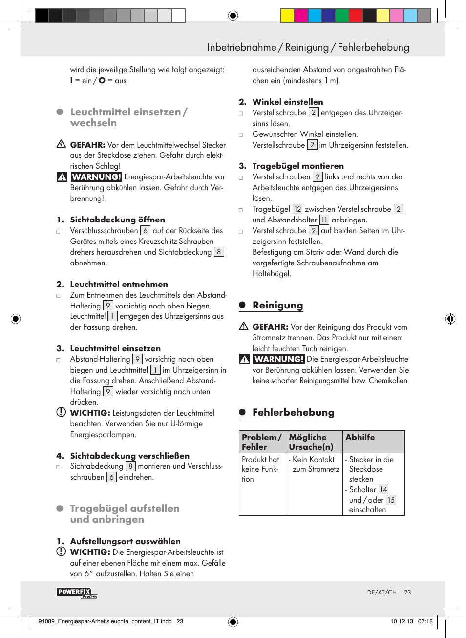 Inbetriebnahme / reinigung / fehlerbehebung, Sicherheitshinweise / inbetriebnahme, Leuchtmittel einsetzen / wechseln | Tragebügel aufstellen und anbringen, Reinigung, Fehlerbehebung | Powerfix Energy-Saving Light User Manual | Page 23 / 28