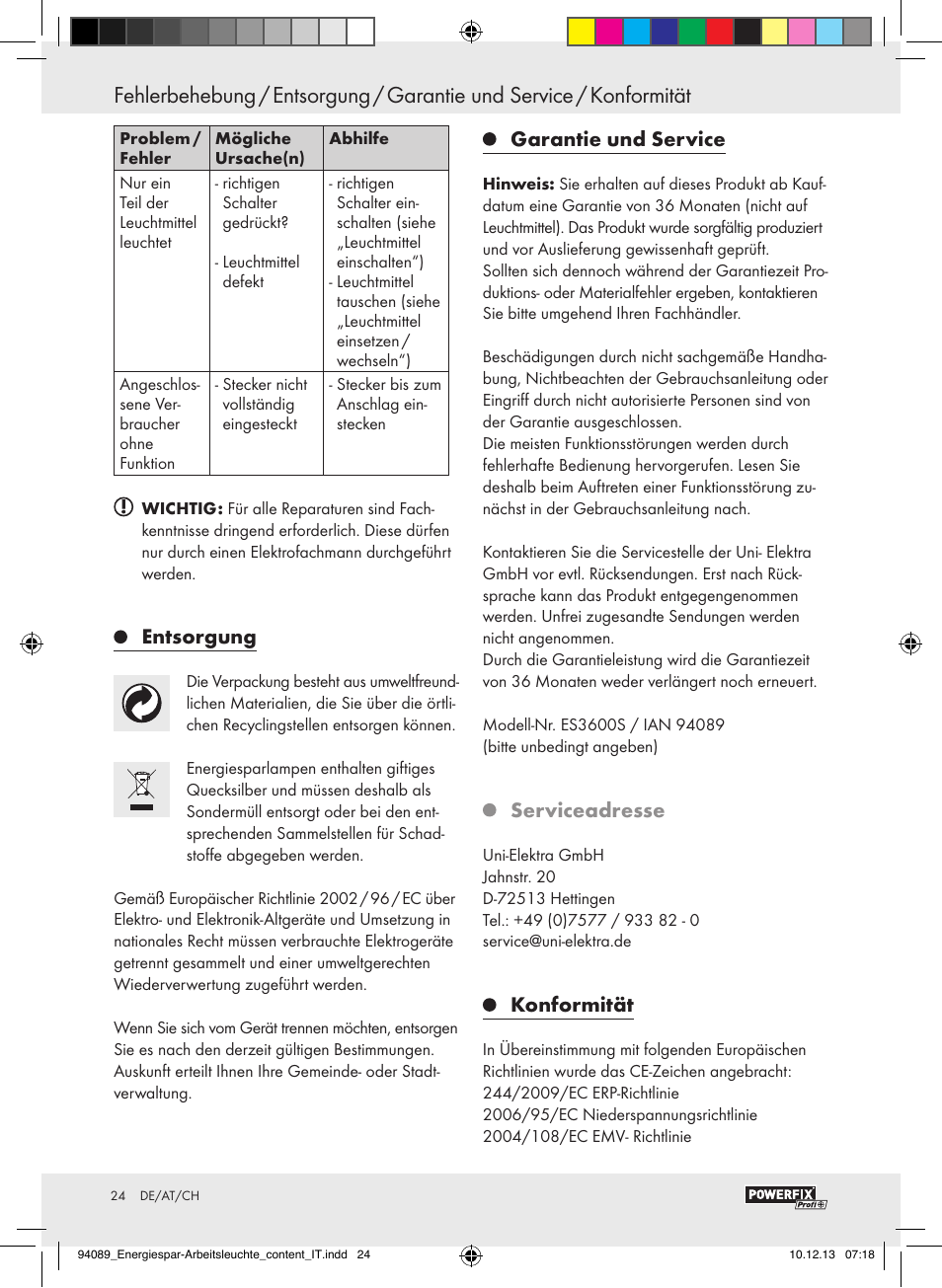 Entsorgung, Garantie und service, Serviceadresse | Konformität | Powerfix Energy-Saving Light User Manual | Page 24 / 28