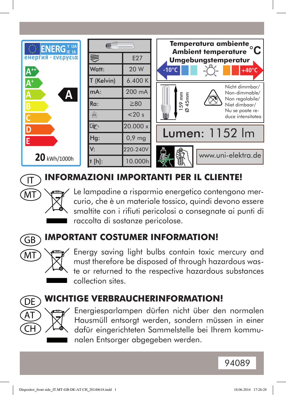 Lumen: 1152 lm, De gb ch at, It mt mt | Wichtige verbraucherinformation, Important costumer information, Informazioni importanti per il cliente | Powerfix Energy-Saving Light User Manual | Page 27 / 28