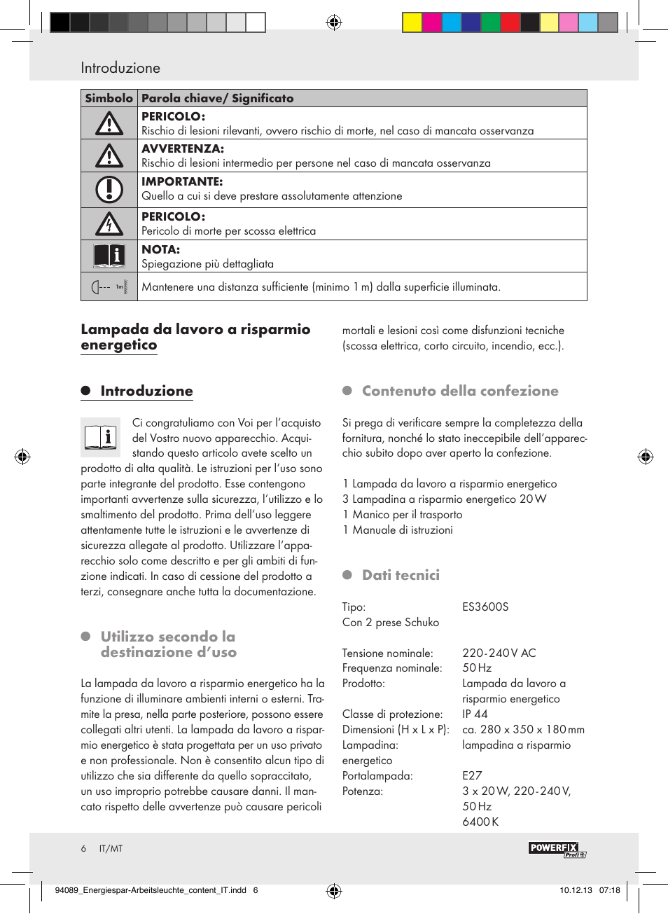 Utilizzo secondo la destinazione d’uso, Contenuto della confezione, Dati tecnici | Powerfix Energy-Saving Light User Manual | Page 6 / 28