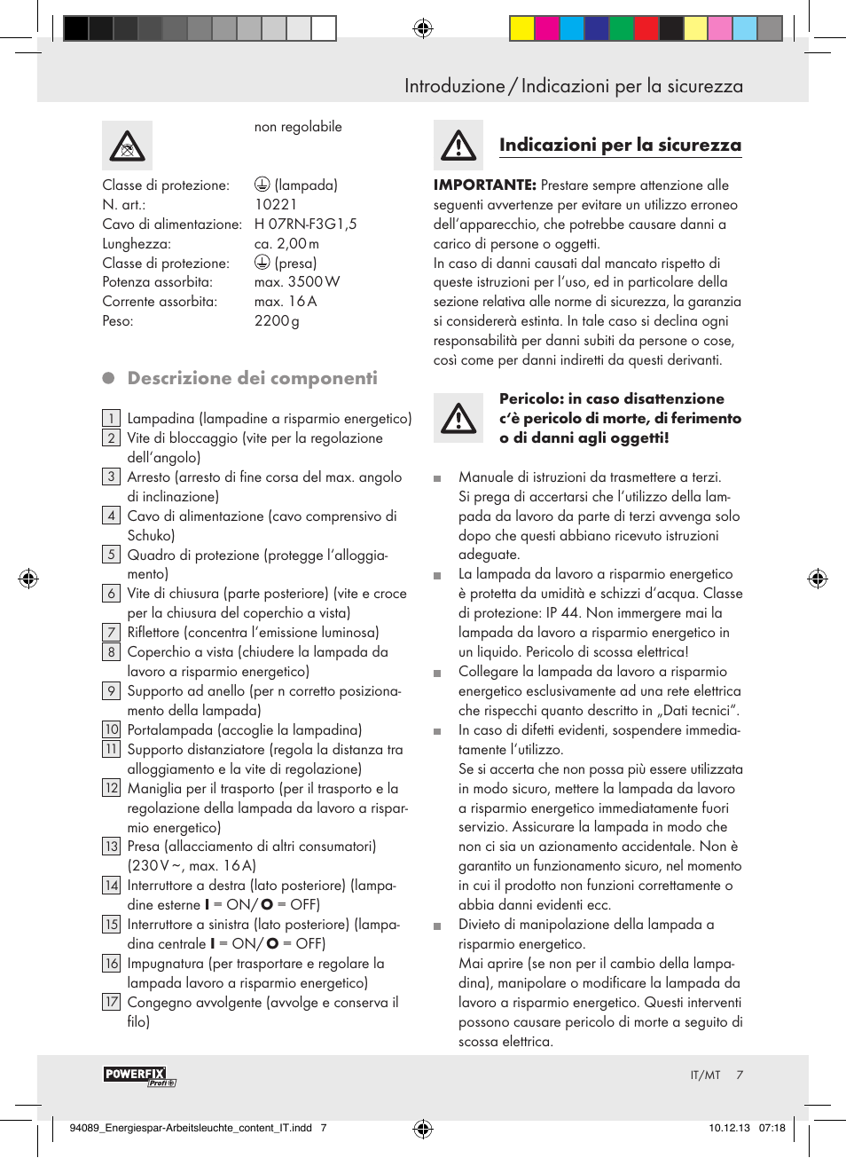 Introduzione / indicazioni per la sicurezza, Descrizione dei componenti, Indicazioni per la sicurezza | Powerfix Energy-Saving Light User Manual | Page 7 / 28