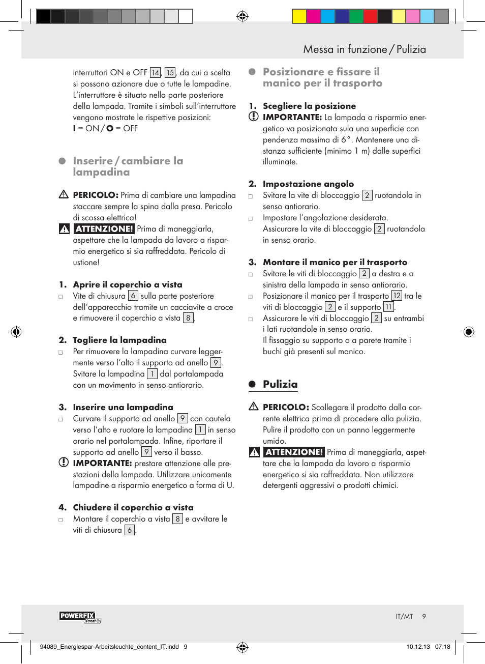 Messa in funzione / pulizia, Inserire / cambiare la lampadina, Posizionare e fissare il manico per il trasporto | Pulizia | Powerfix Energy-Saving Light User Manual | Page 9 / 28