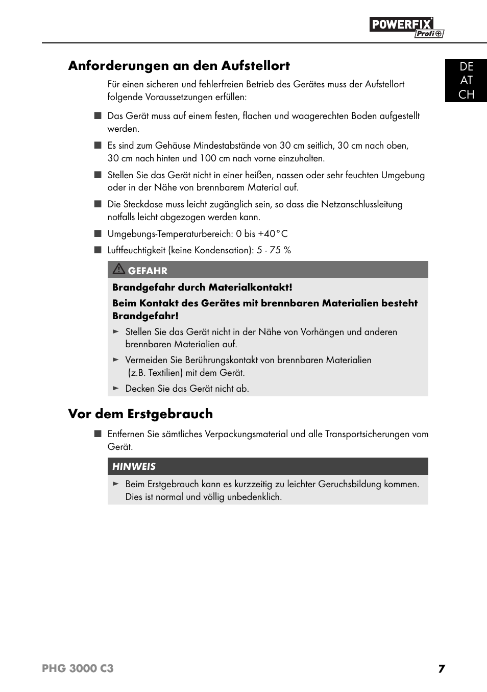 Anforderungen an den aufstellort, Vor dem erstgebrauch, De at ch | Powerfix PHG 2500 C3 User Manual | Page 10 / 59