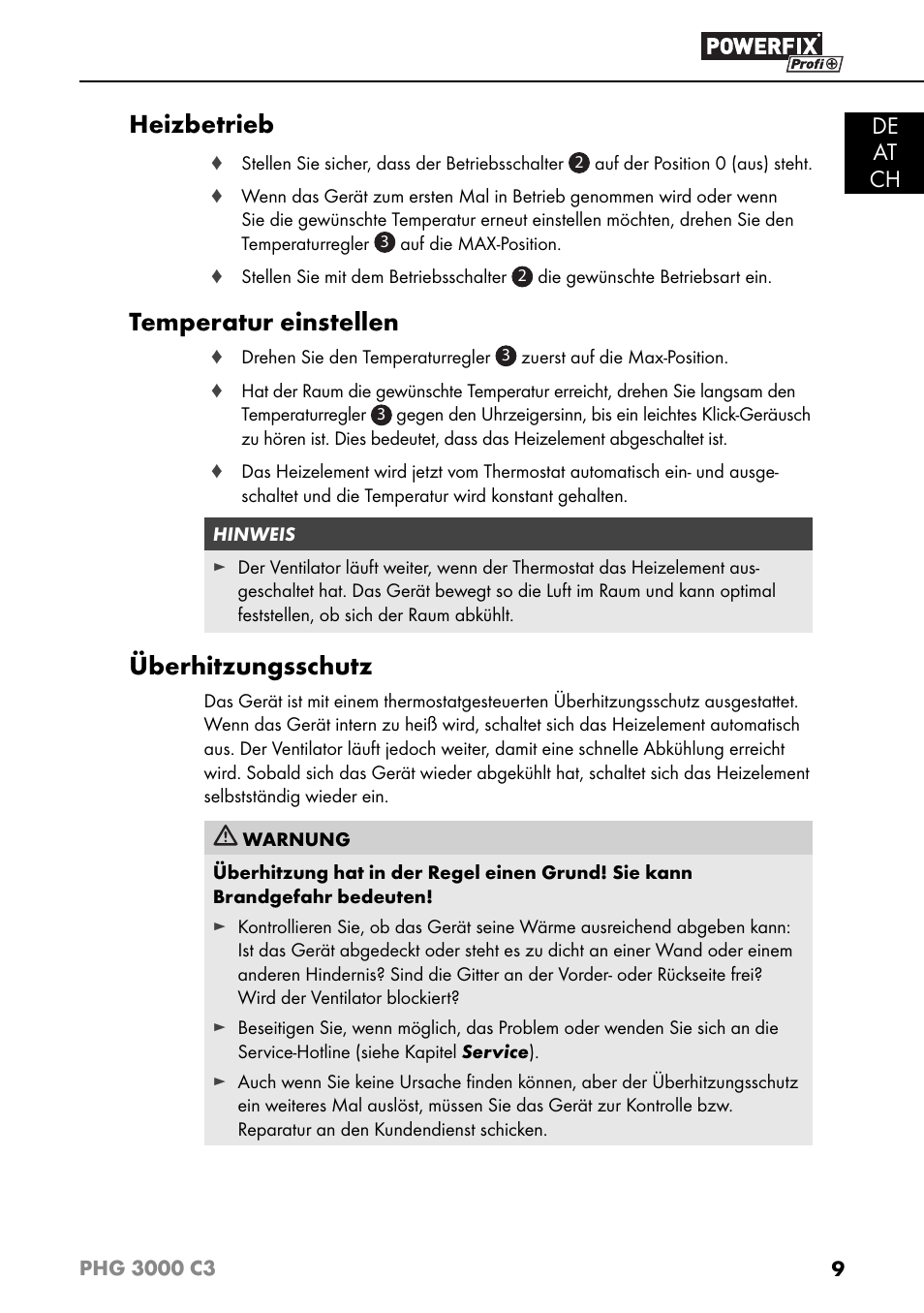 Heizbetrieb, Temperatur einstellen, Überhitzungsschutz | De at ch | Powerfix PHG 2500 C3 User Manual | Page 12 / 59