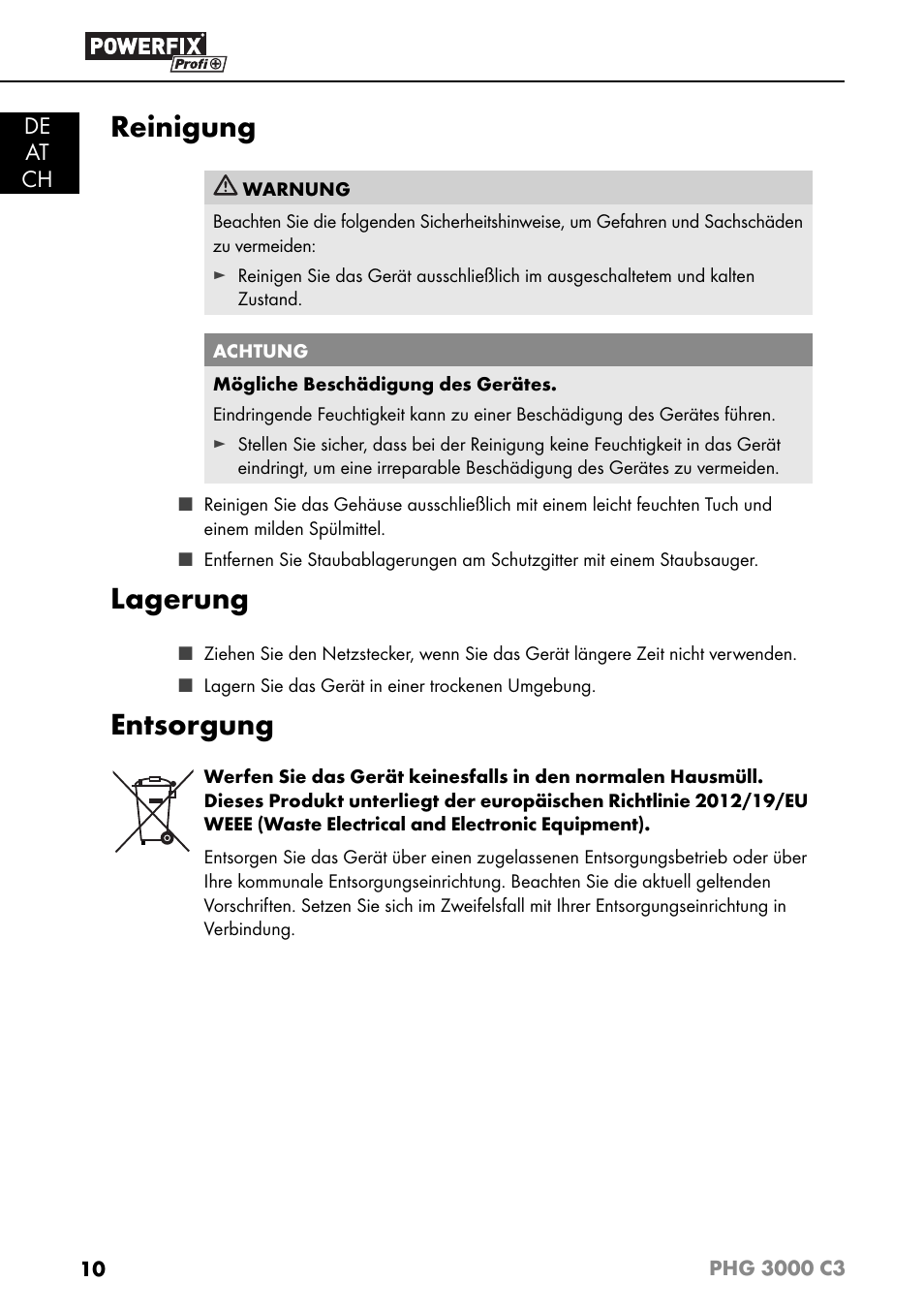 Reinigung, Lagerung, Entsorgung | De at ch | Powerfix PHG 2500 C3 User Manual | Page 13 / 59