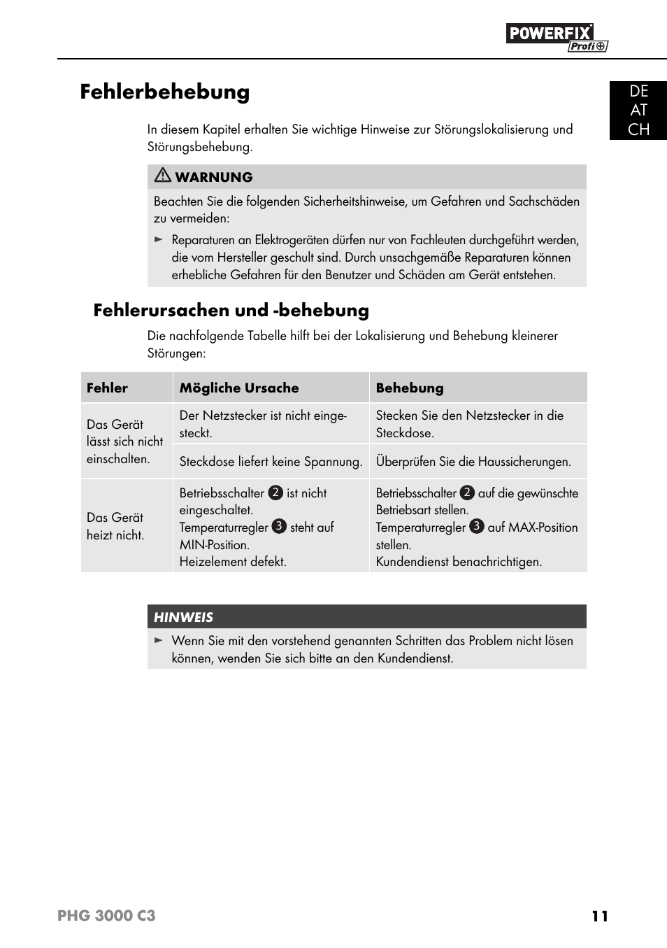 Fehlerbehebung, Fehlerursachen und -behebung, De at ch | Powerfix PHG 2500 C3 User Manual | Page 14 / 59