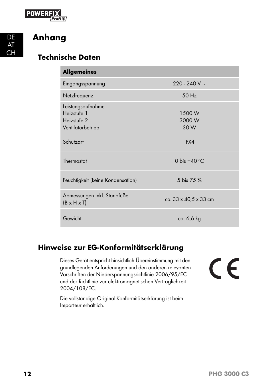 Anhang, Technische daten, Hinweise zur eg-konformitätserklärung | De at ch | Powerfix PHG 2500 C3 User Manual | Page 15 / 59