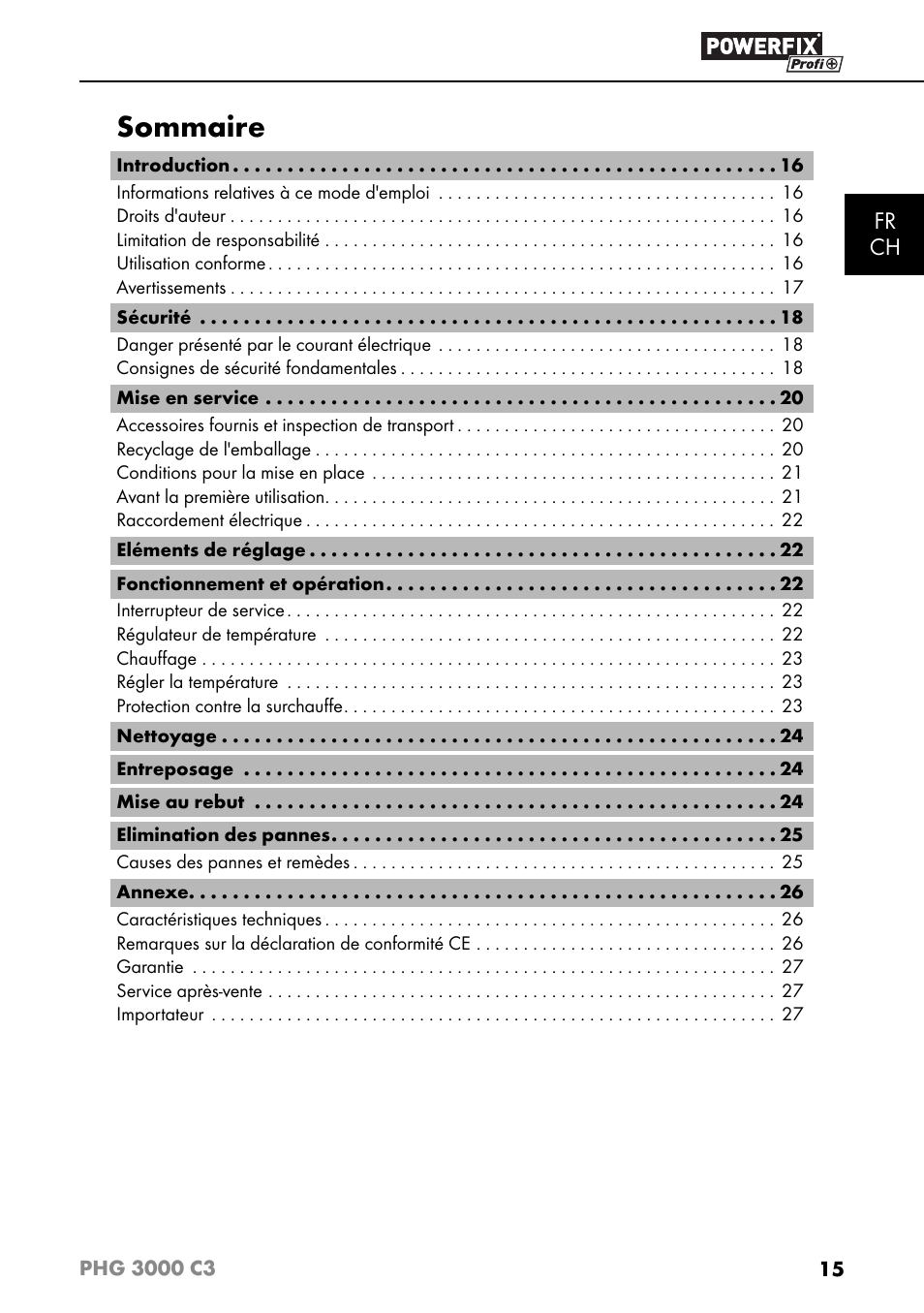 Sommaire, Fr ch | Powerfix PHG 2500 C3 User Manual | Page 18 / 59