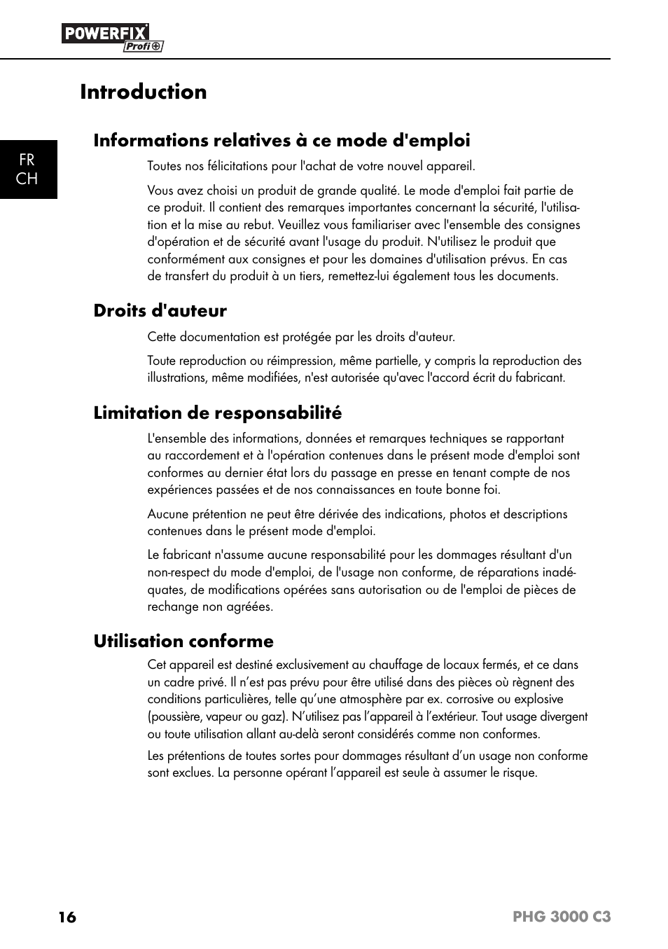 Introduction, Informations relatives à ce mode d'emploi, Droits d'auteur | Limitation de responsabilité, Utilisation conforme | Powerfix PHG 2500 C3 User Manual | Page 19 / 59