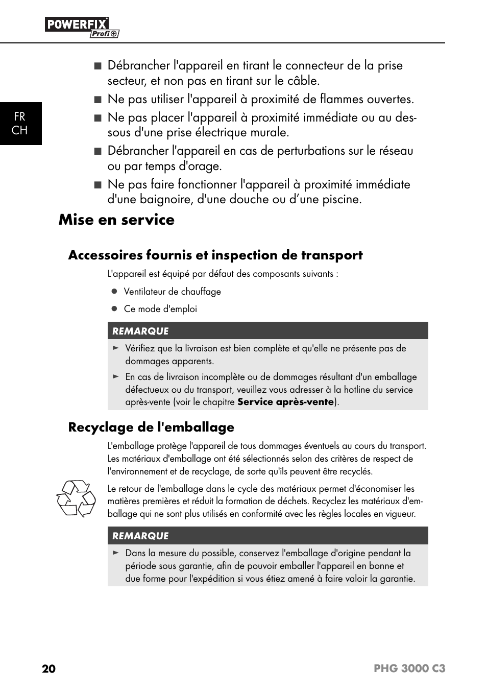 Mise en service, Accessoires fournis et inspection de transport, Recyclage de l'emballage | Fr ch | Powerfix PHG 2500 C3 User Manual | Page 23 / 59