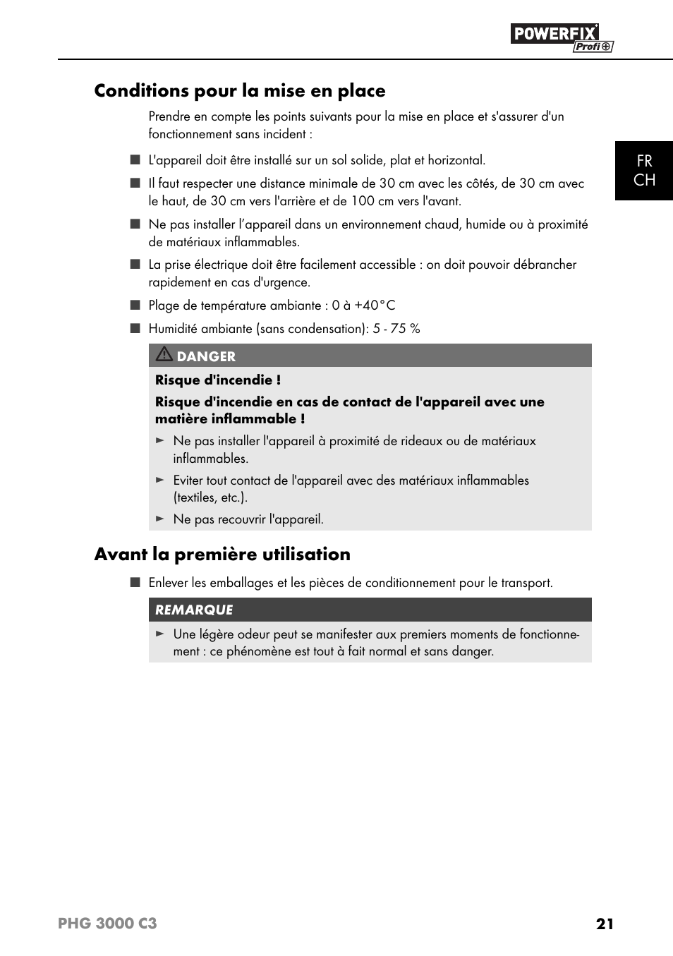 Conditions pour la mise en place, Avant la première utilisation, Fr ch | Powerfix PHG 2500 C3 User Manual | Page 24 / 59