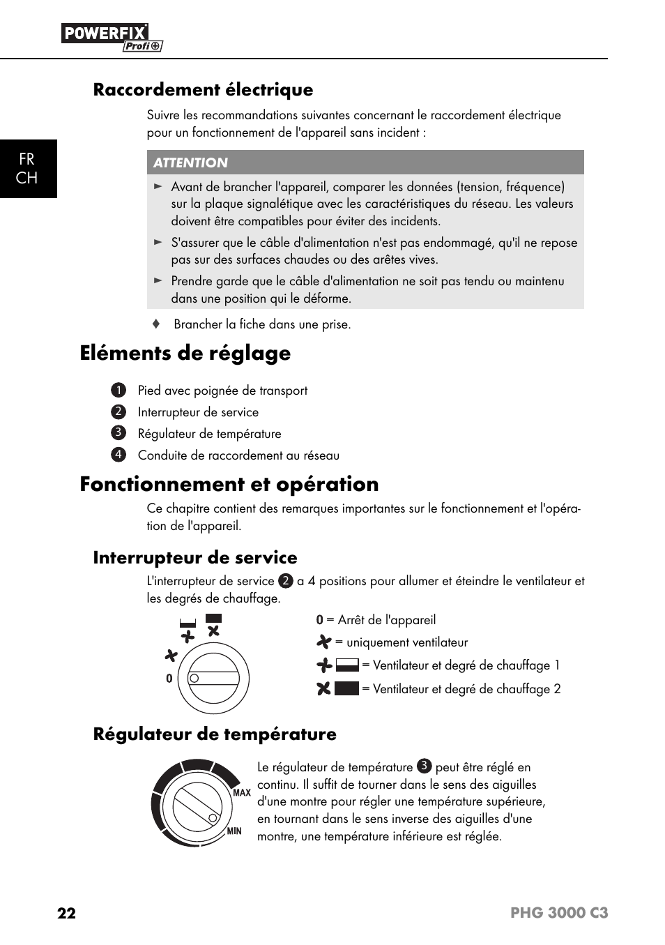 Eléments de réglage, Fonctionnement et opération, Raccordement électrique | Interrupteur de service, Régulateur de température, Fr ch | Powerfix PHG 2500 C3 User Manual | Page 25 / 59