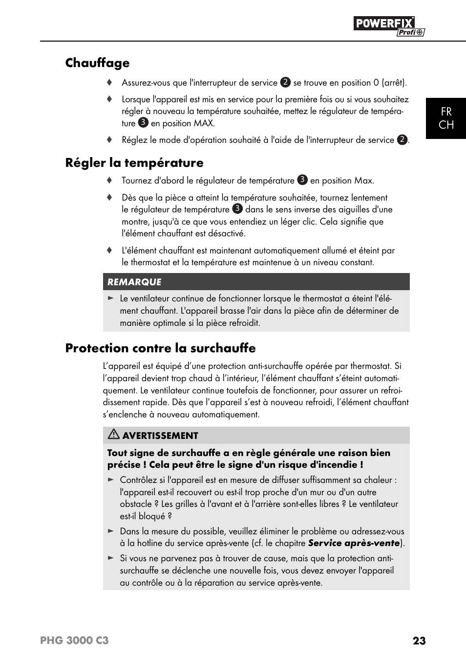 Chauﬀ age, Régler la température, Protection contre la surchauﬀ e | Fr ch | Powerfix PHG 2500 C3 User Manual | Page 26 / 59