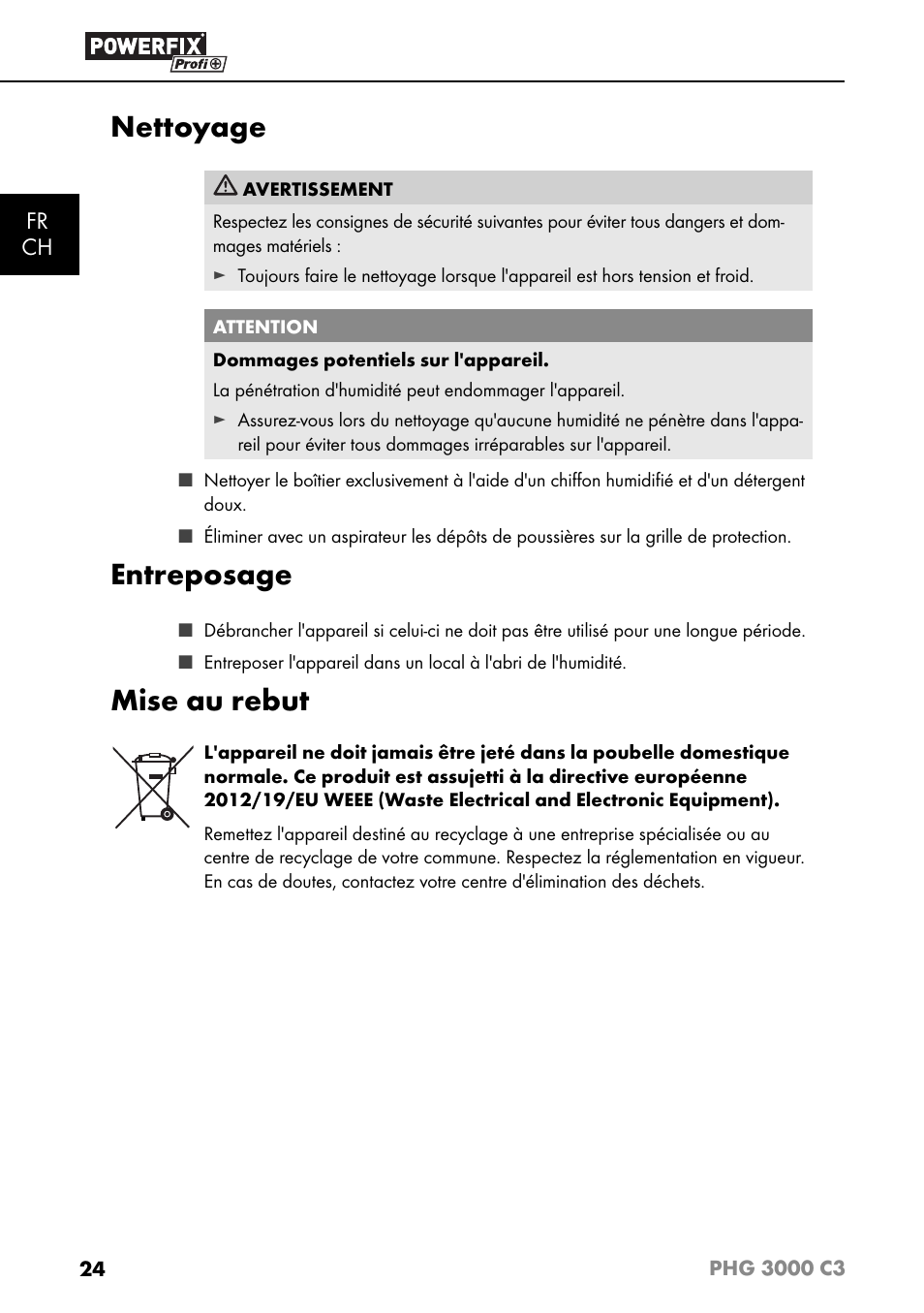 Nettoyage, Entreposage, Mise au rebut | Fr ch | Powerfix PHG 2500 C3 User Manual | Page 27 / 59