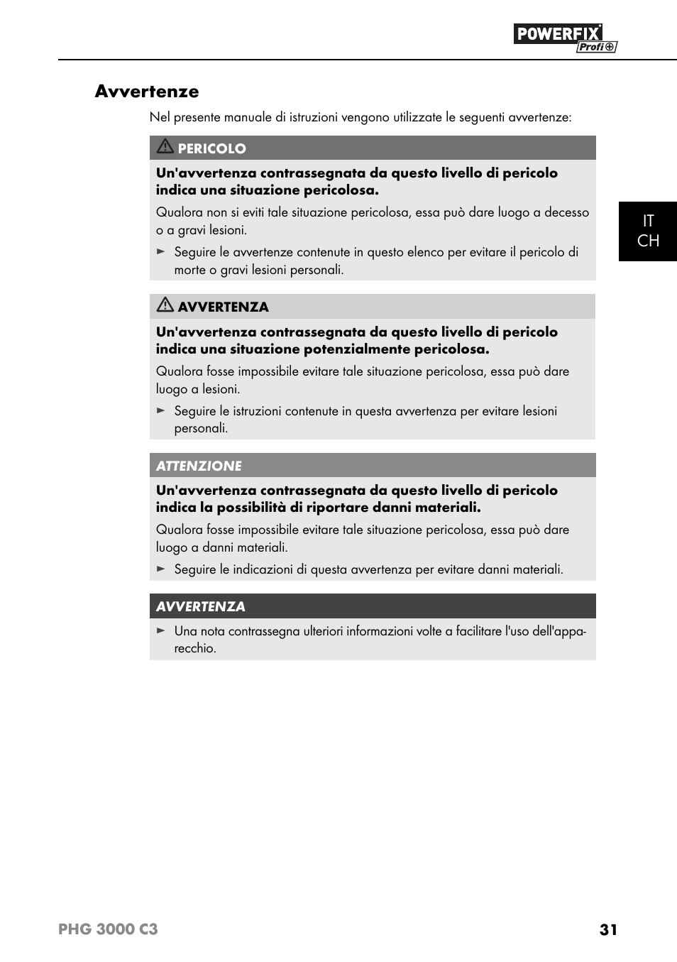 Avvertenze, It ch | Powerfix PHG 2500 C3 User Manual | Page 34 / 59