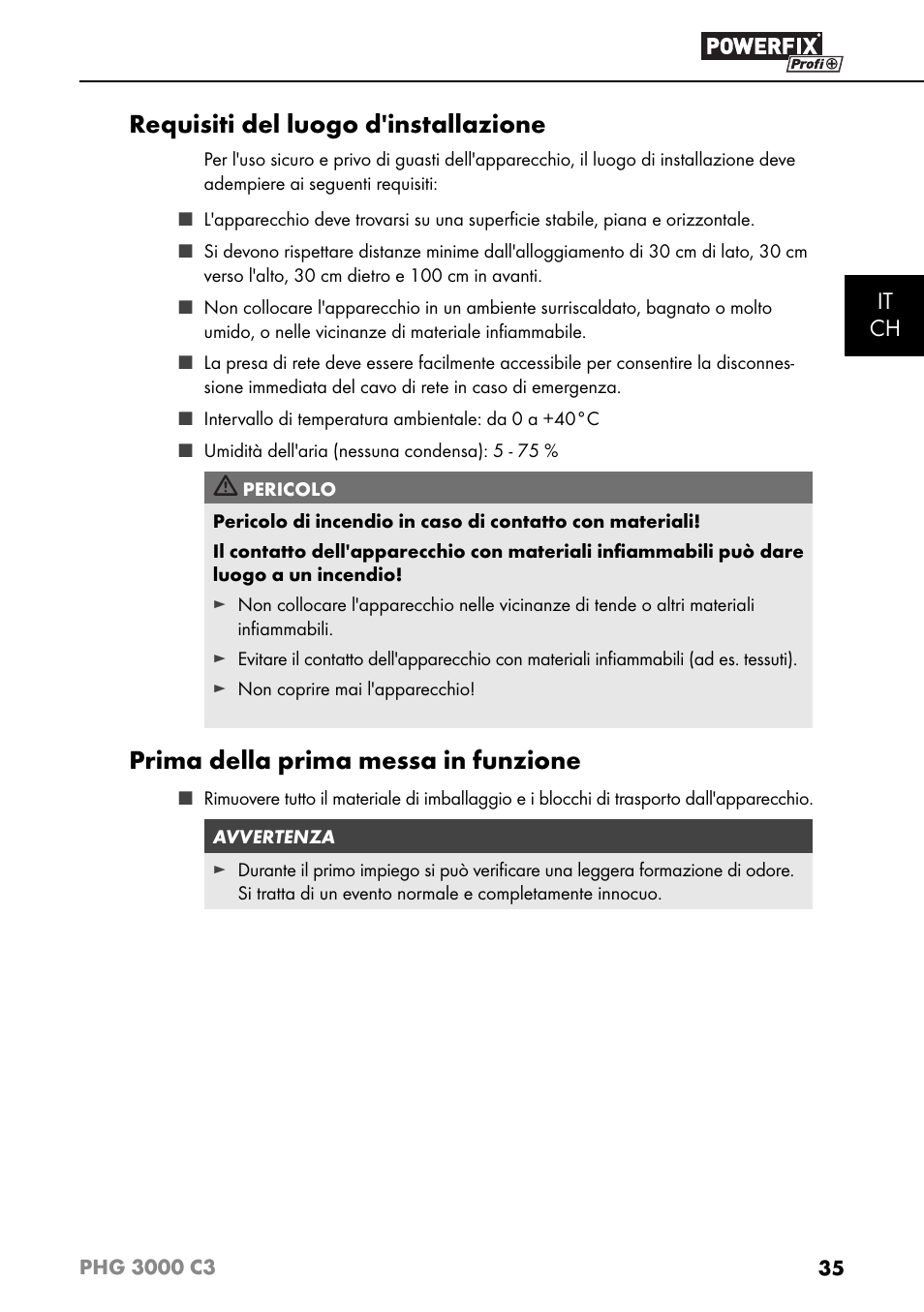 Requisiti del luogo d'installazione, Prima della prima messa in funzione, It ch | Powerfix PHG 2500 C3 User Manual | Page 38 / 59