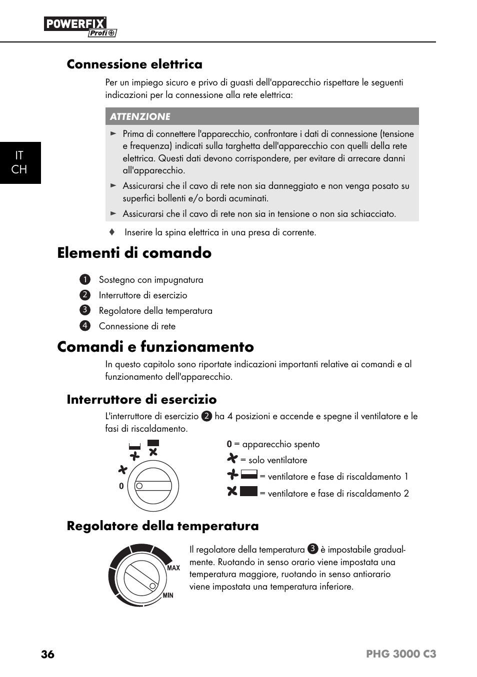 Elementi di comando, Comandi e funzionamento, Connessione elettrica | Interruttore di esercizio, Regolatore della temperatura, It ch | Powerfix PHG 2500 C3 User Manual | Page 39 / 59