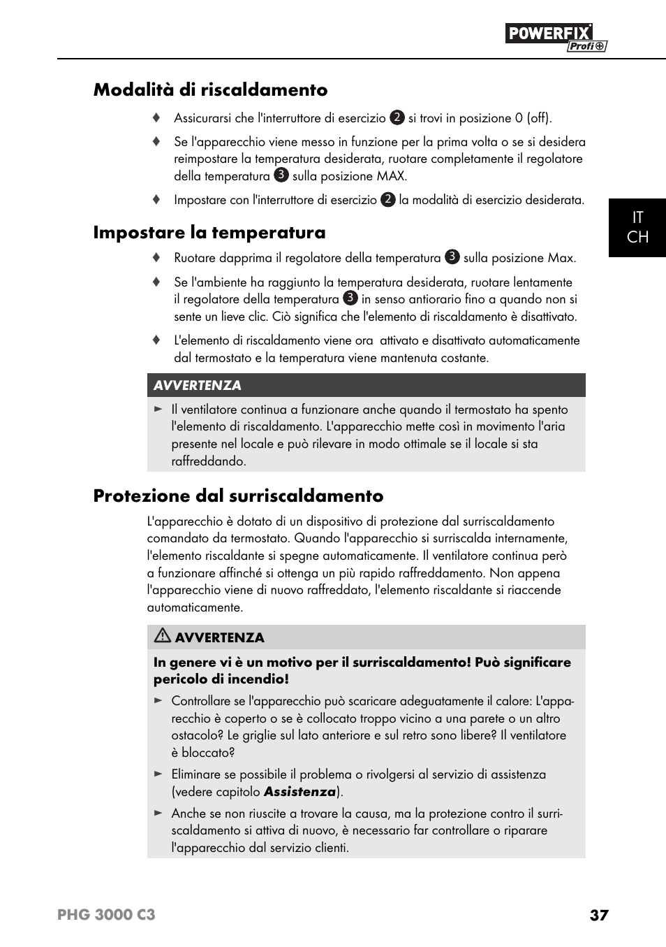 Modalità di riscaldamento, Impostare la temperatura, Protezione dal surriscaldamento | It ch | Powerfix PHG 2500 C3 User Manual | Page 40 / 59