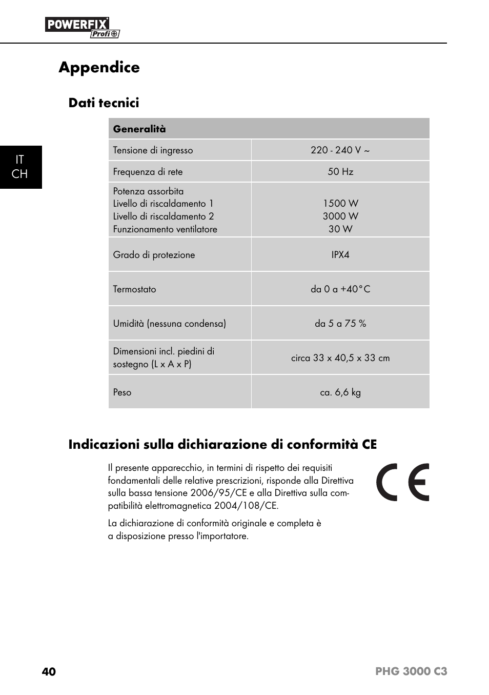 Appendice, Dati tecnici, Indicazioni sulla dichiarazione di conformità ce | It ch | Powerfix PHG 2500 C3 User Manual | Page 43 / 59