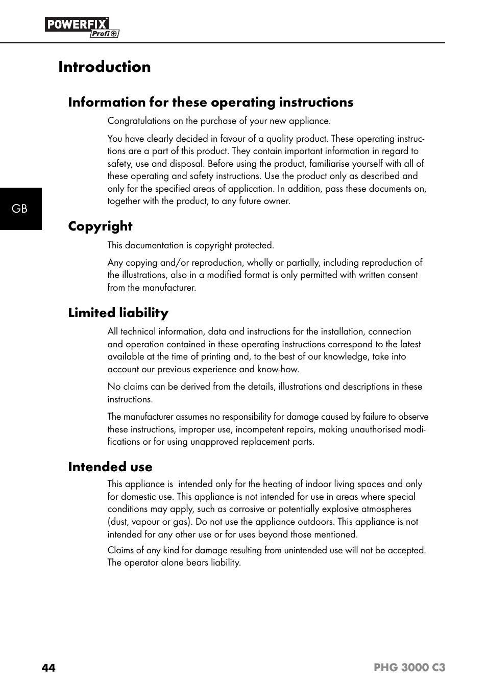Introduction, Information for these operating instructions, Copyright | Limited liability, Intended use | Powerfix PHG 2500 C3 User Manual | Page 47 / 59