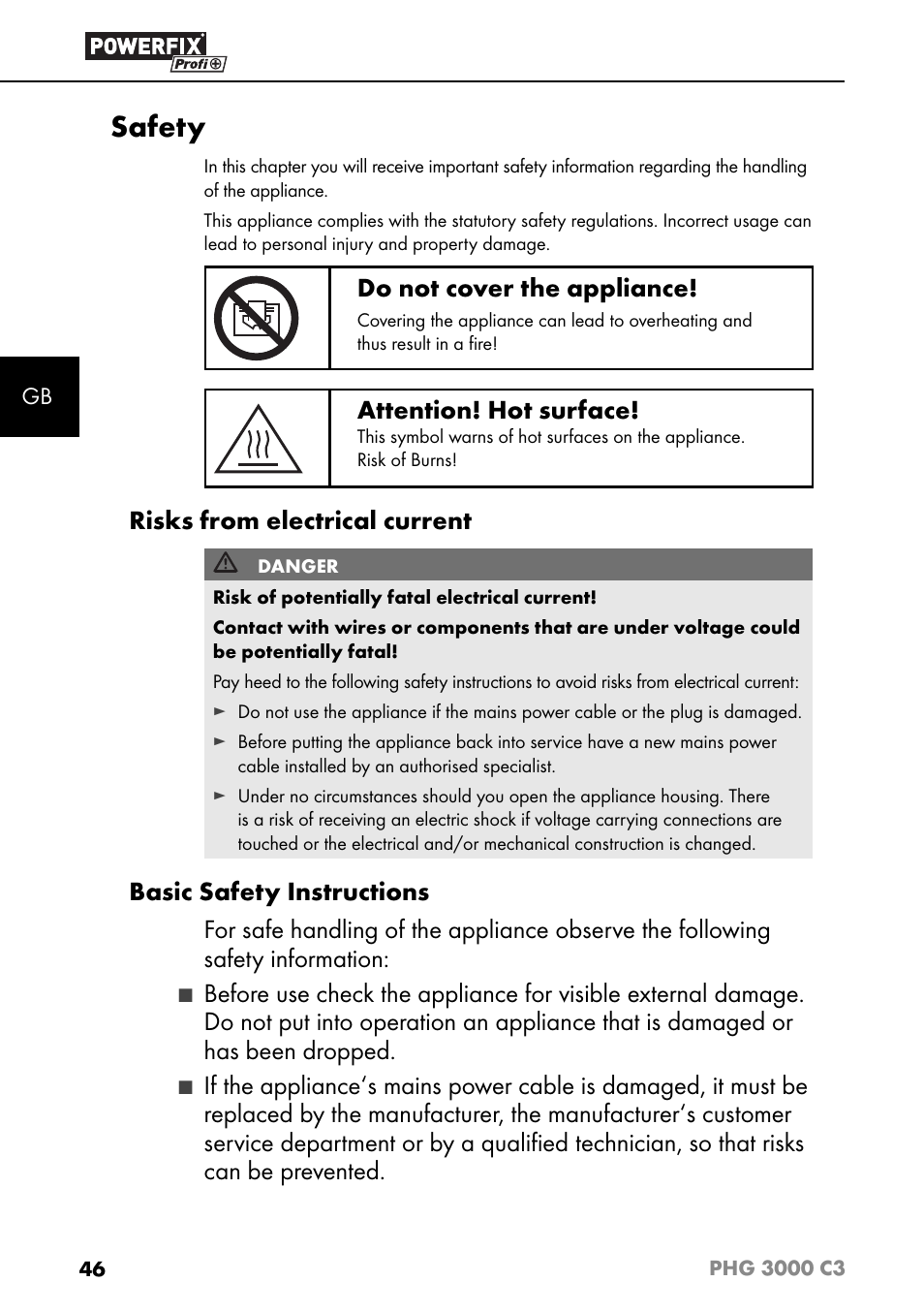 Safety, Do not cover the appliance, Attention! hot surface | Risks from electrical current | Powerfix PHG 2500 C3 User Manual | Page 49 / 59