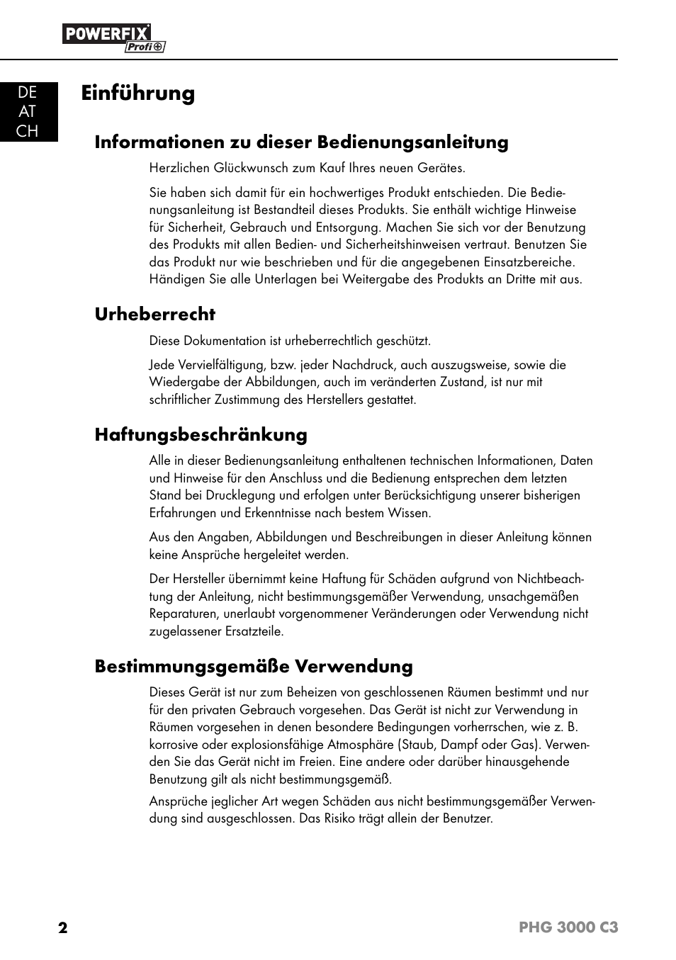 Einführung, Informationen zu dieser bedienungsanleitung, Urheberrecht | Haftungsbeschränkung, Bestimmungsgemäße verwendung | Powerfix PHG 2500 C3 User Manual | Page 5 / 59