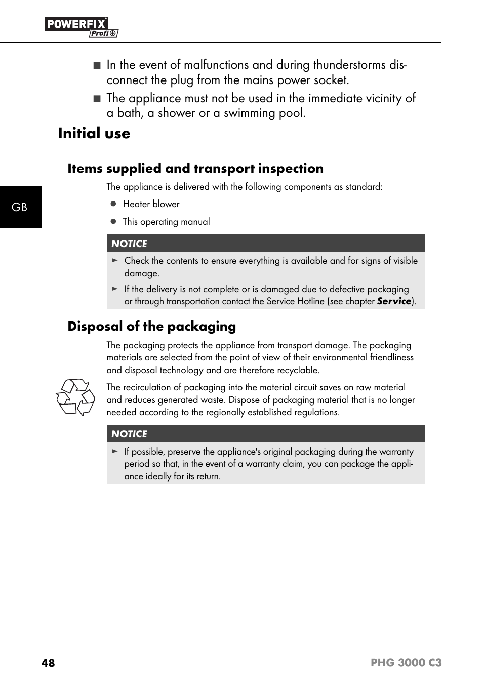 Initial use, Items supplied and transport inspection, Disposal of the packaging | Powerfix PHG 2500 C3 User Manual | Page 51 / 59