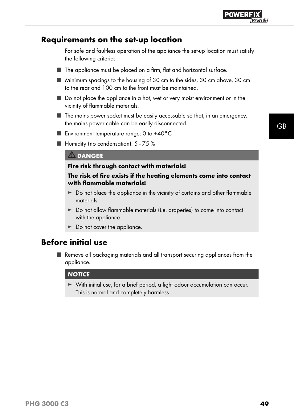 Requirements on the set-up location, Before initial use | Powerfix PHG 2500 C3 User Manual | Page 52 / 59