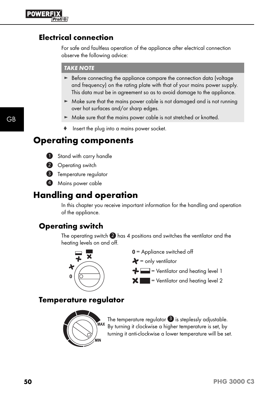 Operating components, Handling and operation, Electrical connection | Operating switch, Temperature regulator | Powerfix PHG 2500 C3 User Manual | Page 53 / 59