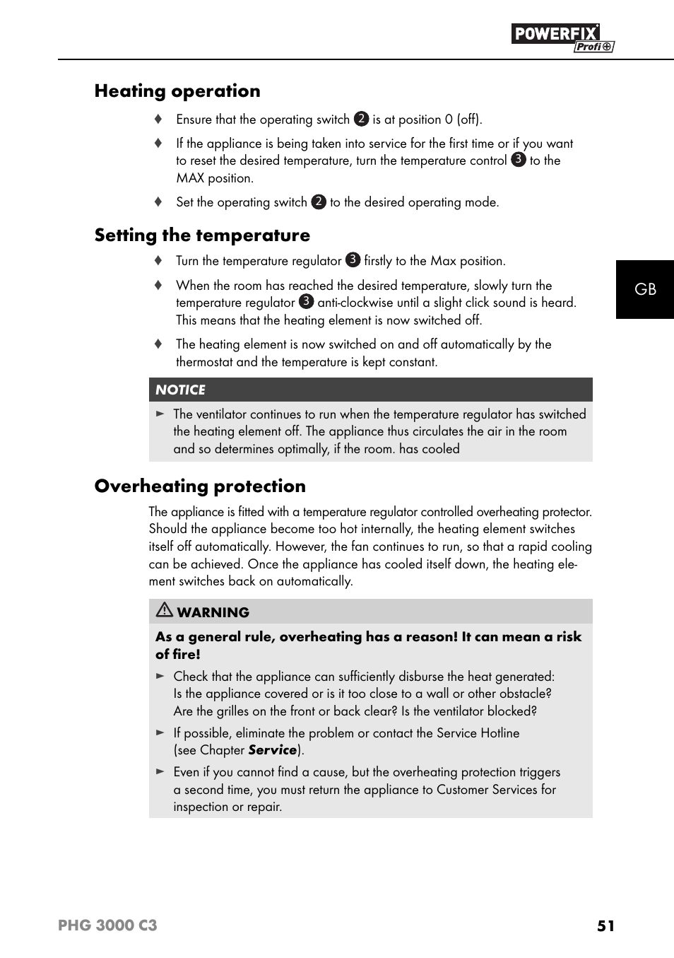 Heating operation, Setting the temperature, Overheating protection | Powerfix PHG 2500 C3 User Manual | Page 54 / 59