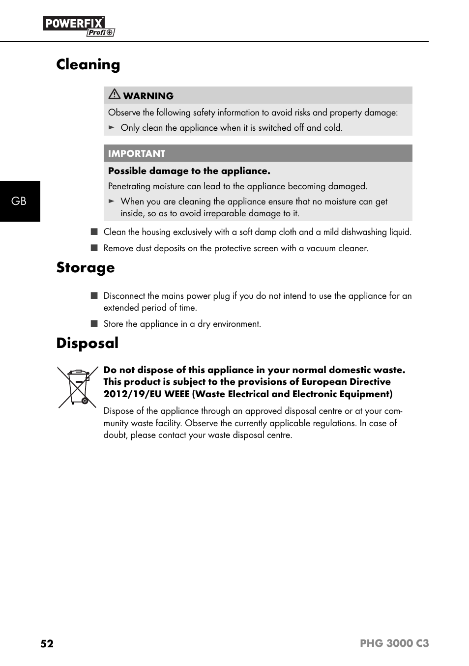 Cleaning, Storage, Disposal | Powerfix PHG 2500 C3 User Manual | Page 55 / 59