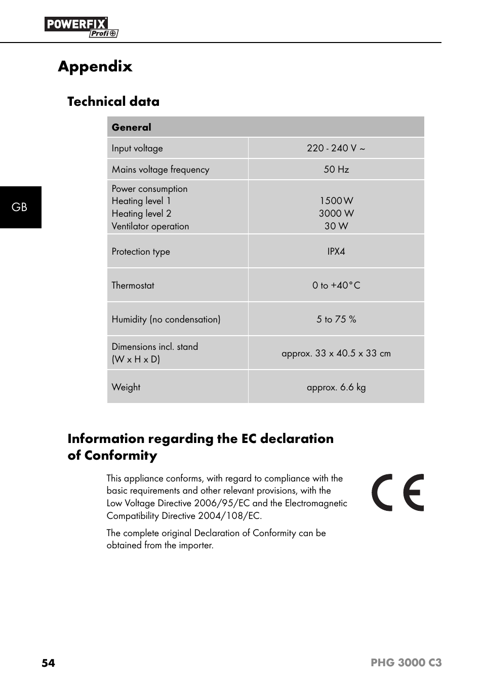 Appendix, Technical data | Powerfix PHG 2500 C3 User Manual | Page 57 / 59