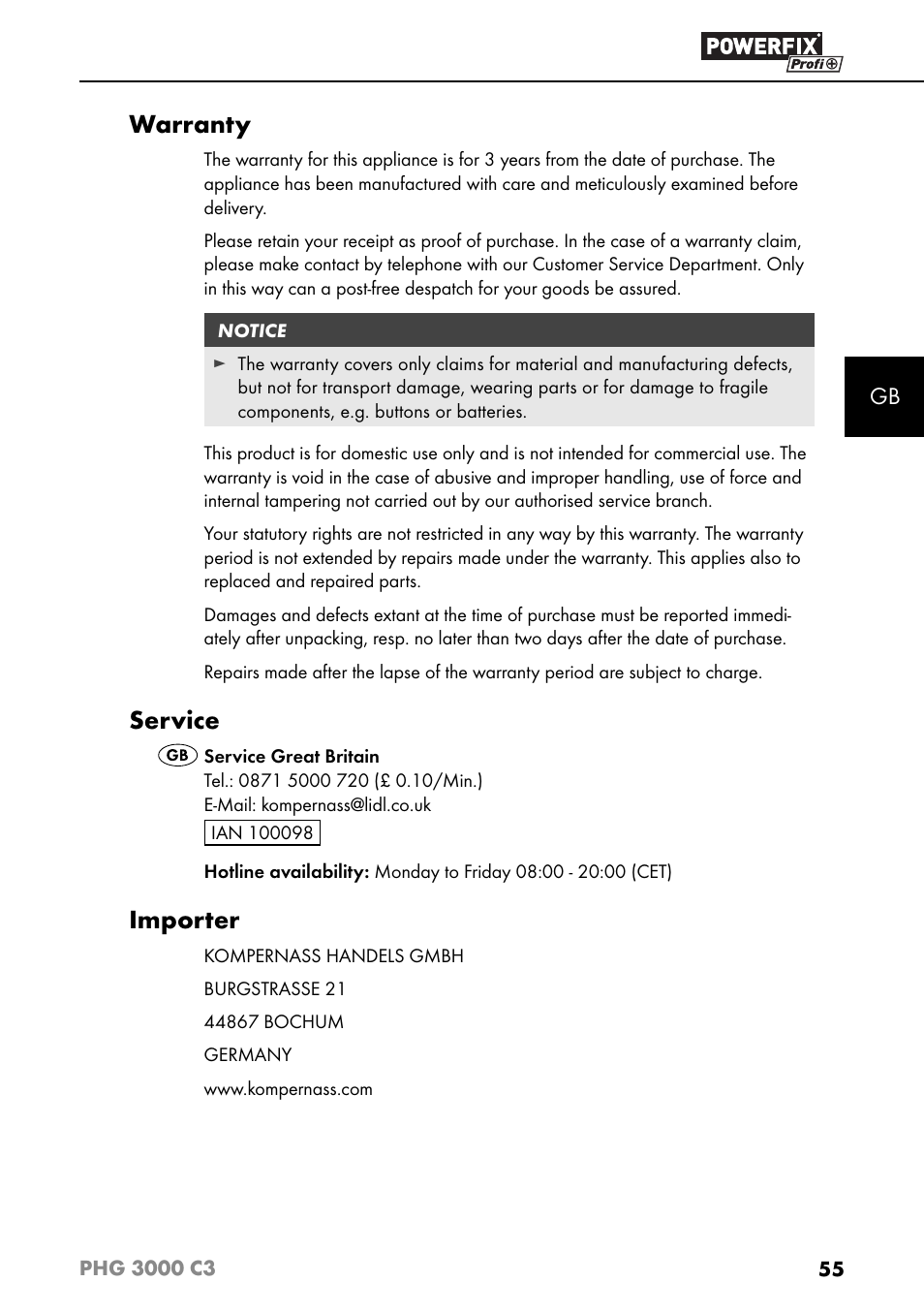Warranty, Service, Importer | Powerfix PHG 2500 C3 User Manual | Page 58 / 59